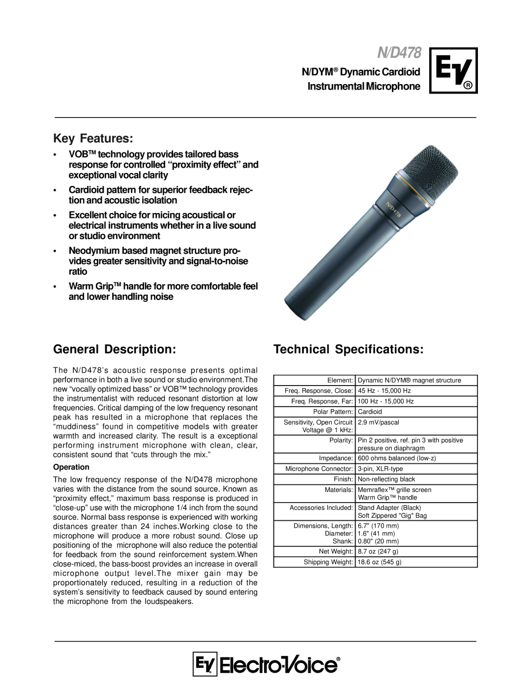 Electro-Voice N/D478 technical specifications General Description, Operation 