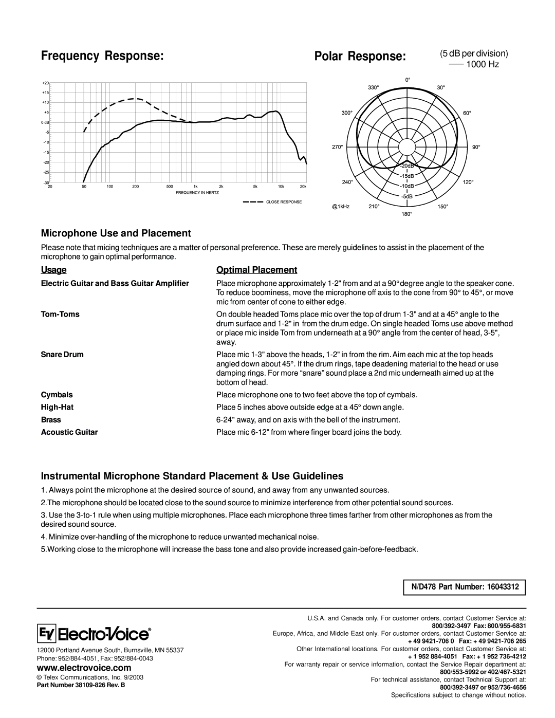 Electro-Voice N/D478 technical specifications Frequency Response, Microphone Use and Placement, D478 Part Number 