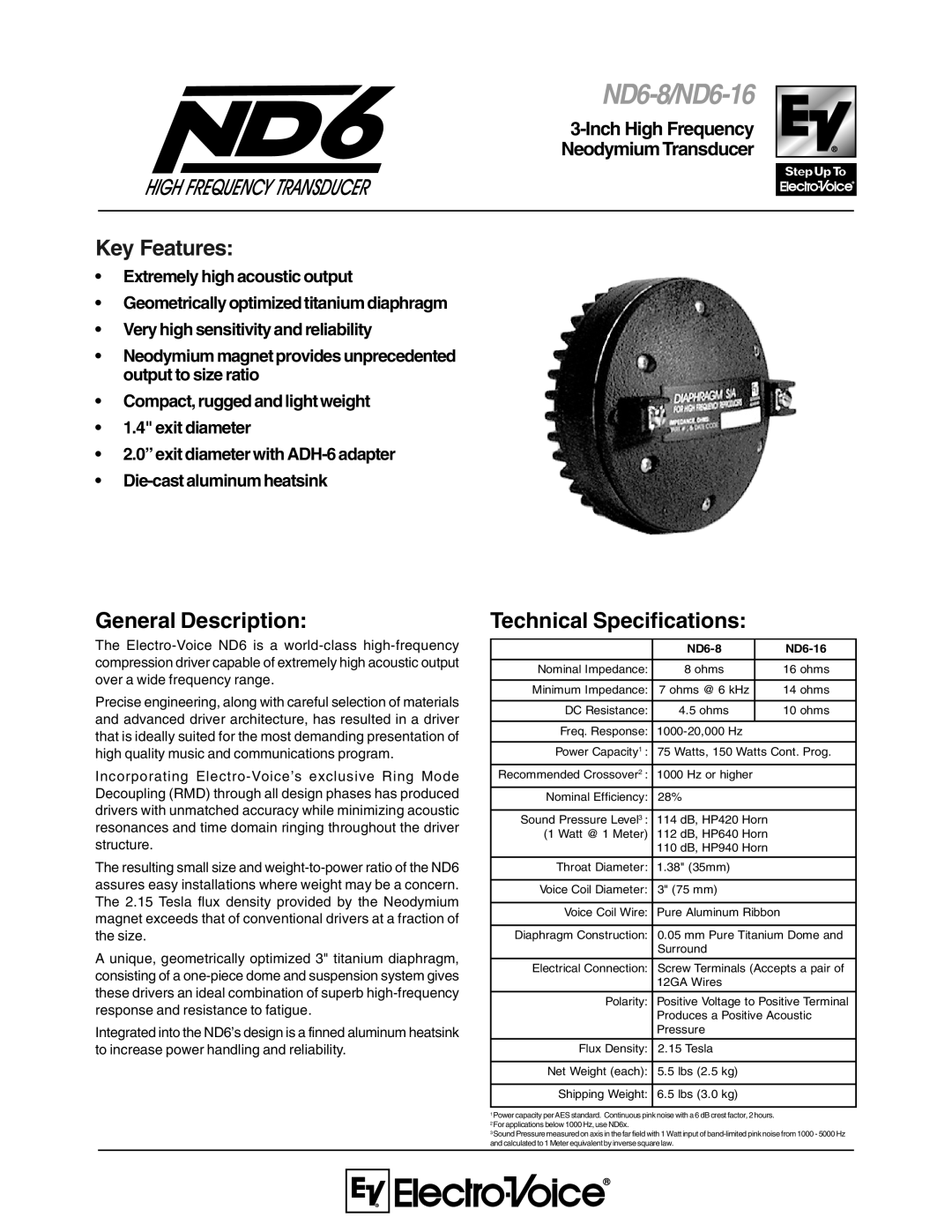 Electro-Voice ND6-16, ND6-8 technical specifications General Description, Technical Specifications 