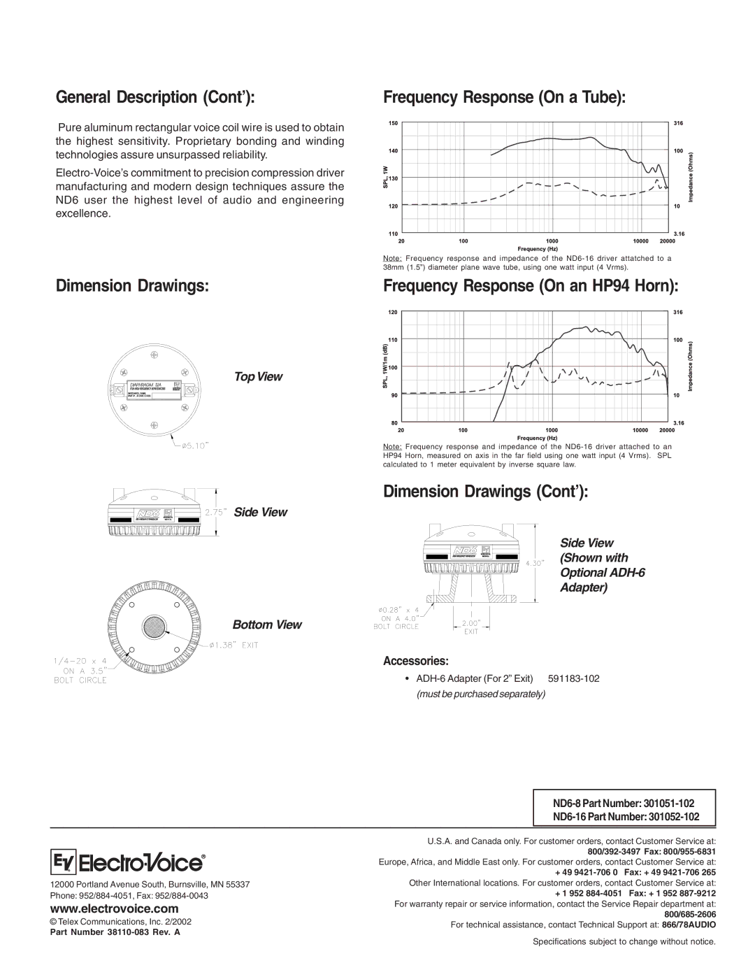 Electro-Voice ND6-8, ND6-16 technical specifications General Description Cont’, Dimension Drawings Cont’ 