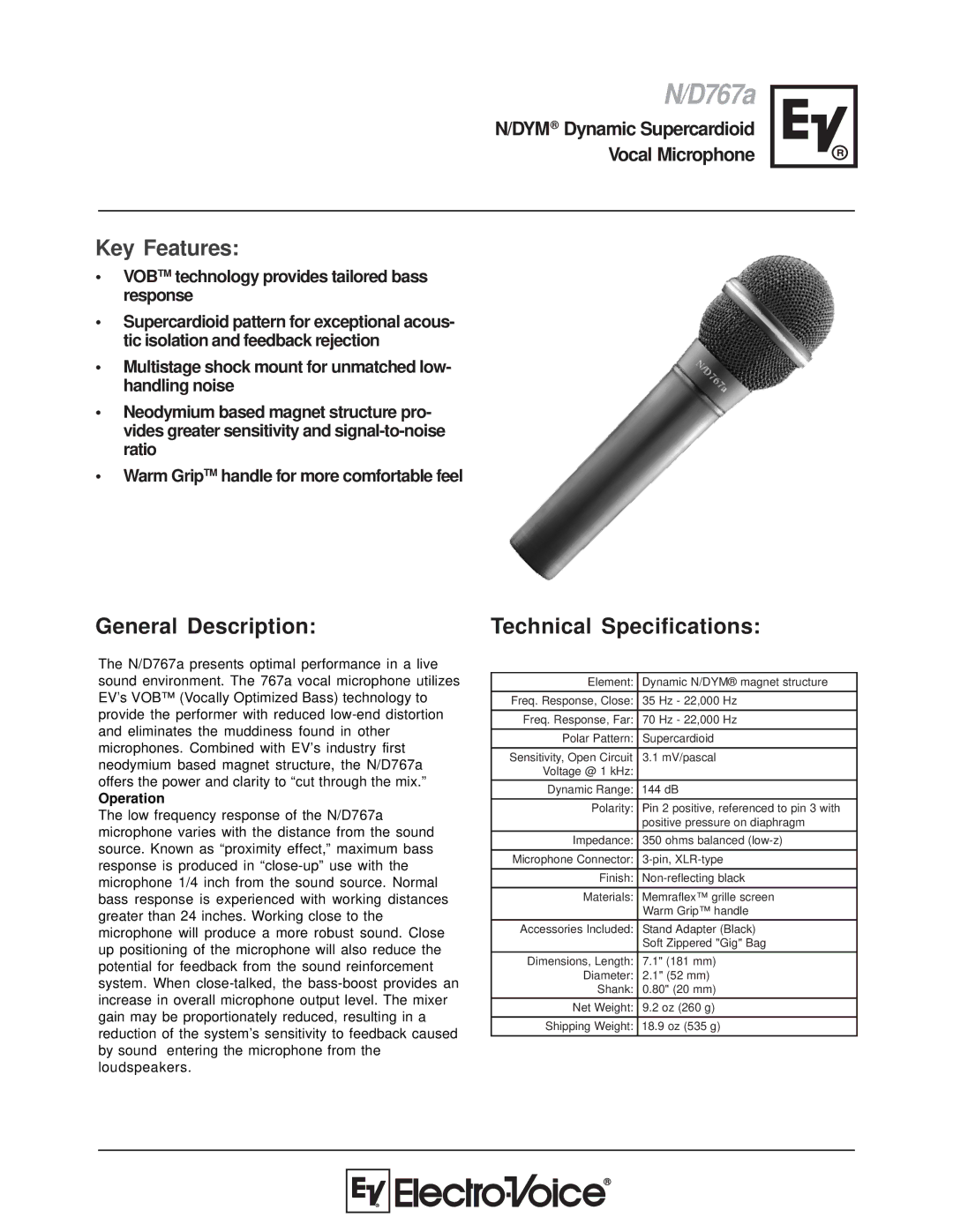 Electro-Voice N/D767a technical specifications General Description, Technical Specifications 