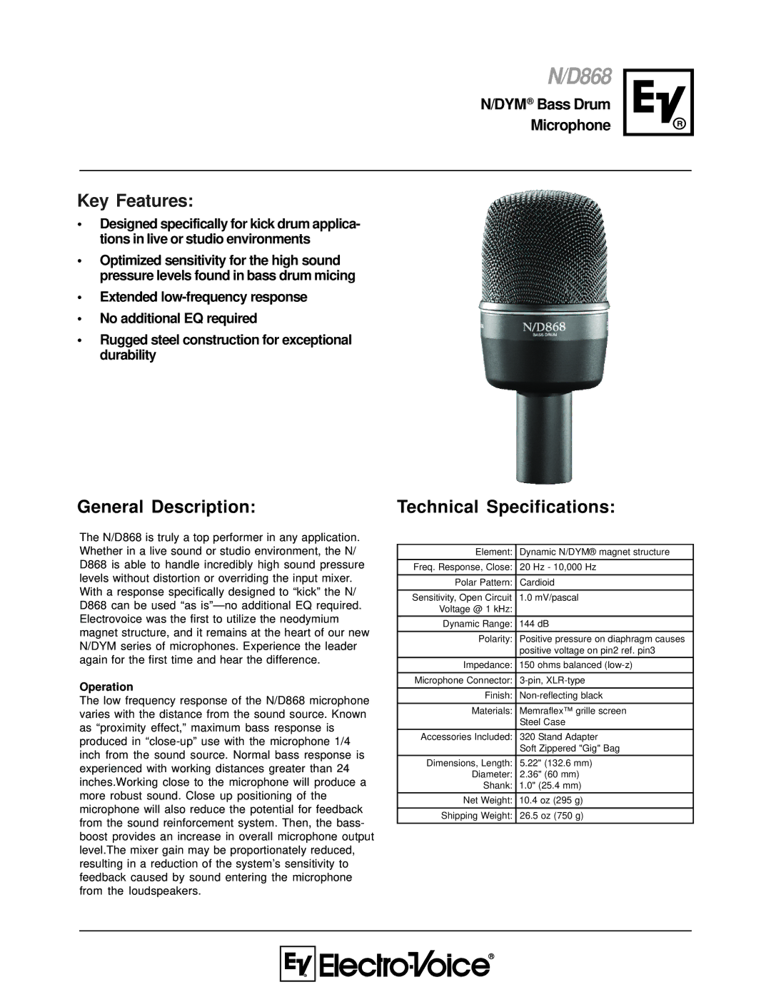 Electro-Voice N/D868 technical specifications General Description, Technical Specifications, Operation 