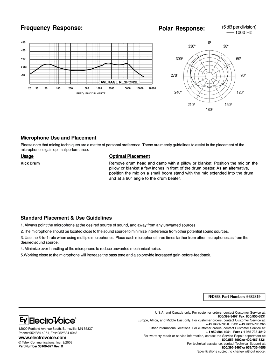 Electro-Voice N/D868 Frequency Response, Microphone Use and Placement, Standard Placement & Use Guidelines 