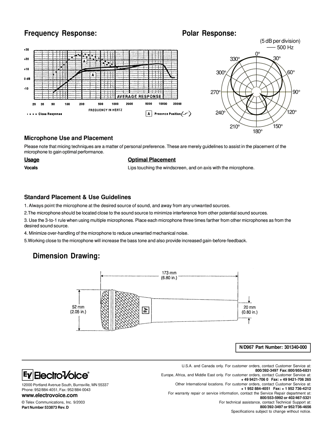 Electro-Voice N/D967 Frequency Response Polar Response, Dimension Drawing, Microphone Use and Placement, D967 Part Number 