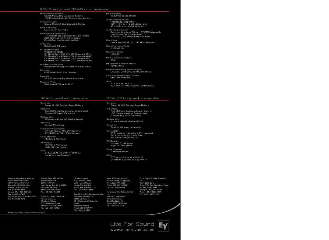 Electro-Voice N/DYM 967, N/DYM 767a specifications REV-S single and REV-D dual receivers 