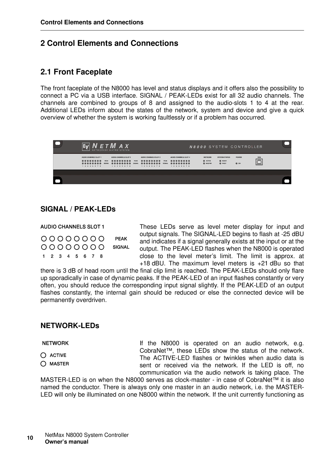 Electro-Voice NetMax N8000 owner manual Control Elements and Connections Front Faceplate, Signal / PEAK-LEDs, NETWORK-LEDs 