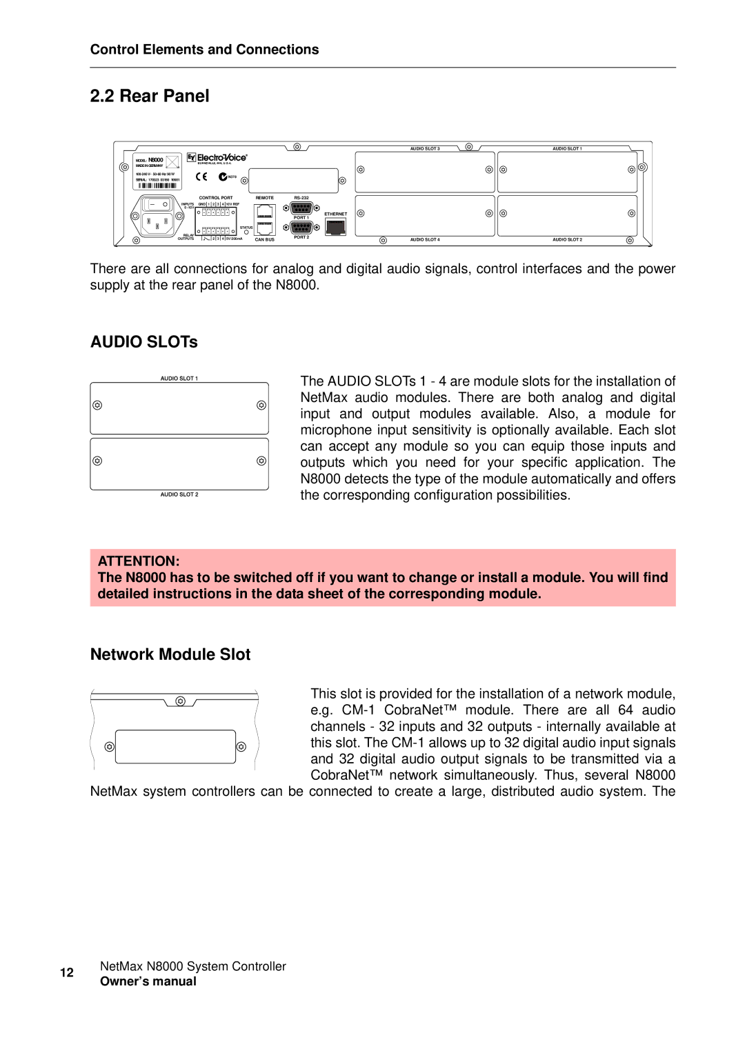 Electro-Voice NetMax N8000 owner manual Rear Panel, Audio SLOTs, Network Module Slot 