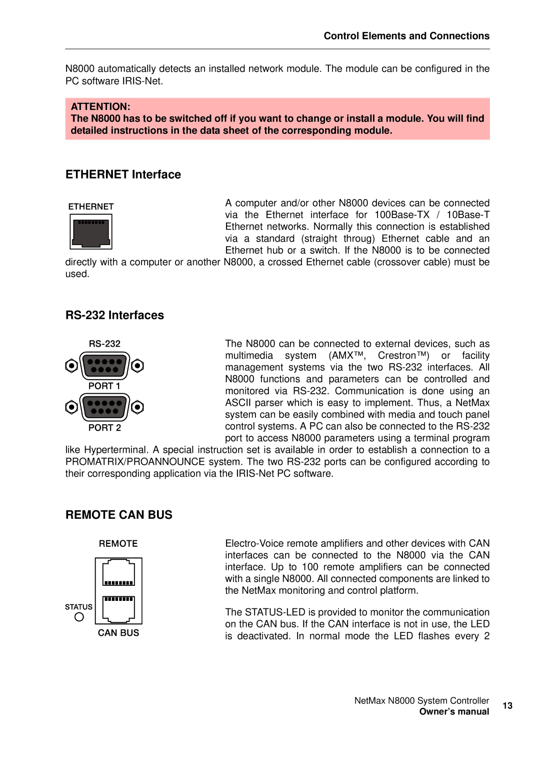 Electro-Voice NetMax N8000 owner manual Ethernet Interface, RS-232 Interfaces 