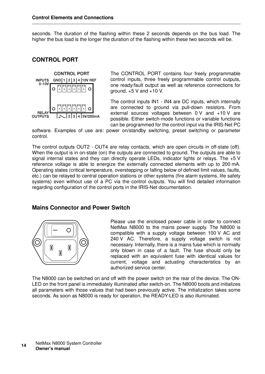 Electro-Voice NetMax N8000 owner manual Control Port, Mains Connector and Power Switch 