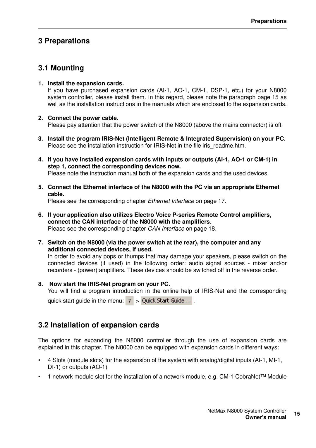 Electro-Voice NetMax N8000 owner manual Preparations Mounting, Installation of expansion cards 