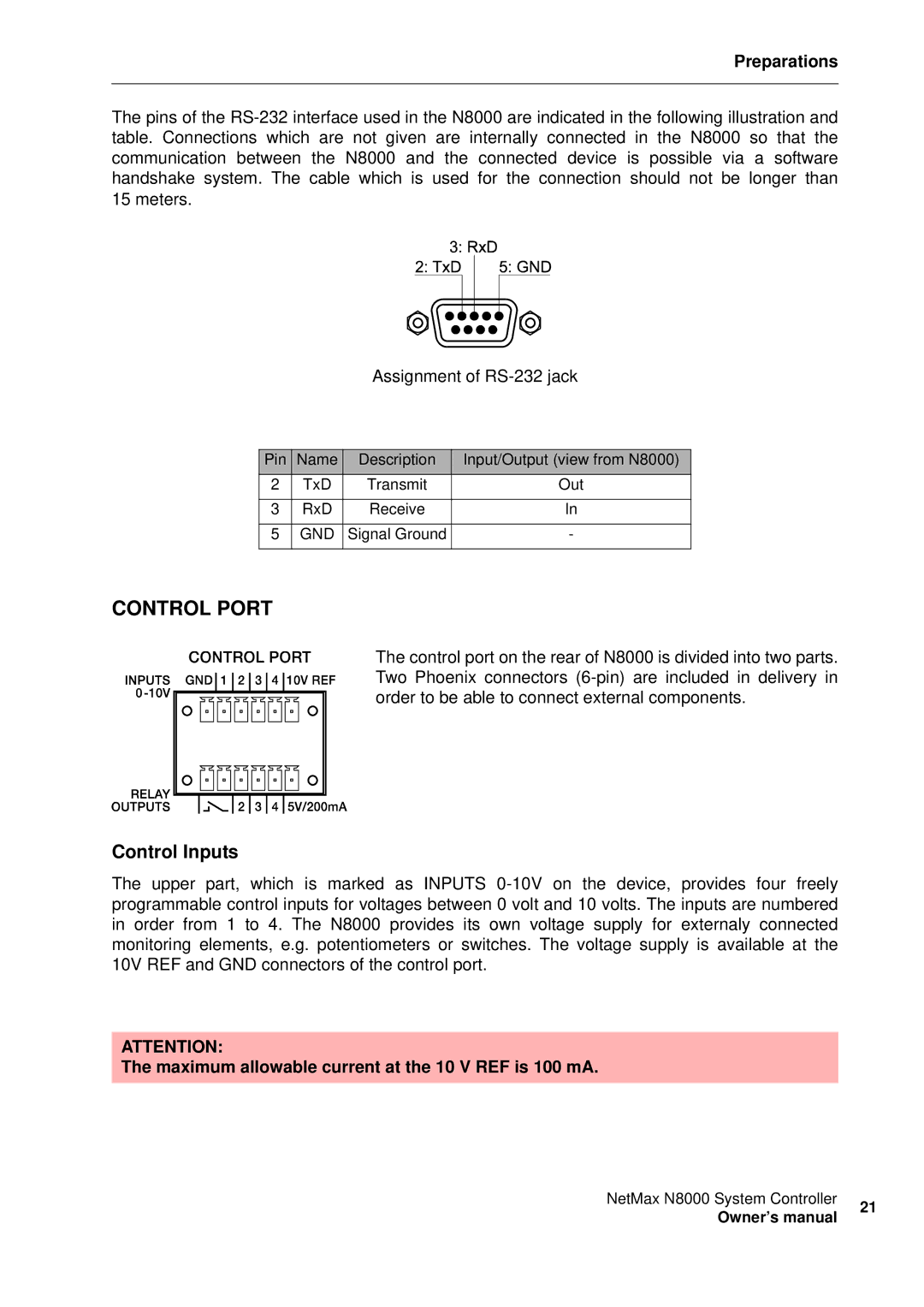 Electro-Voice NetMax N8000 owner manual Control Inputs 