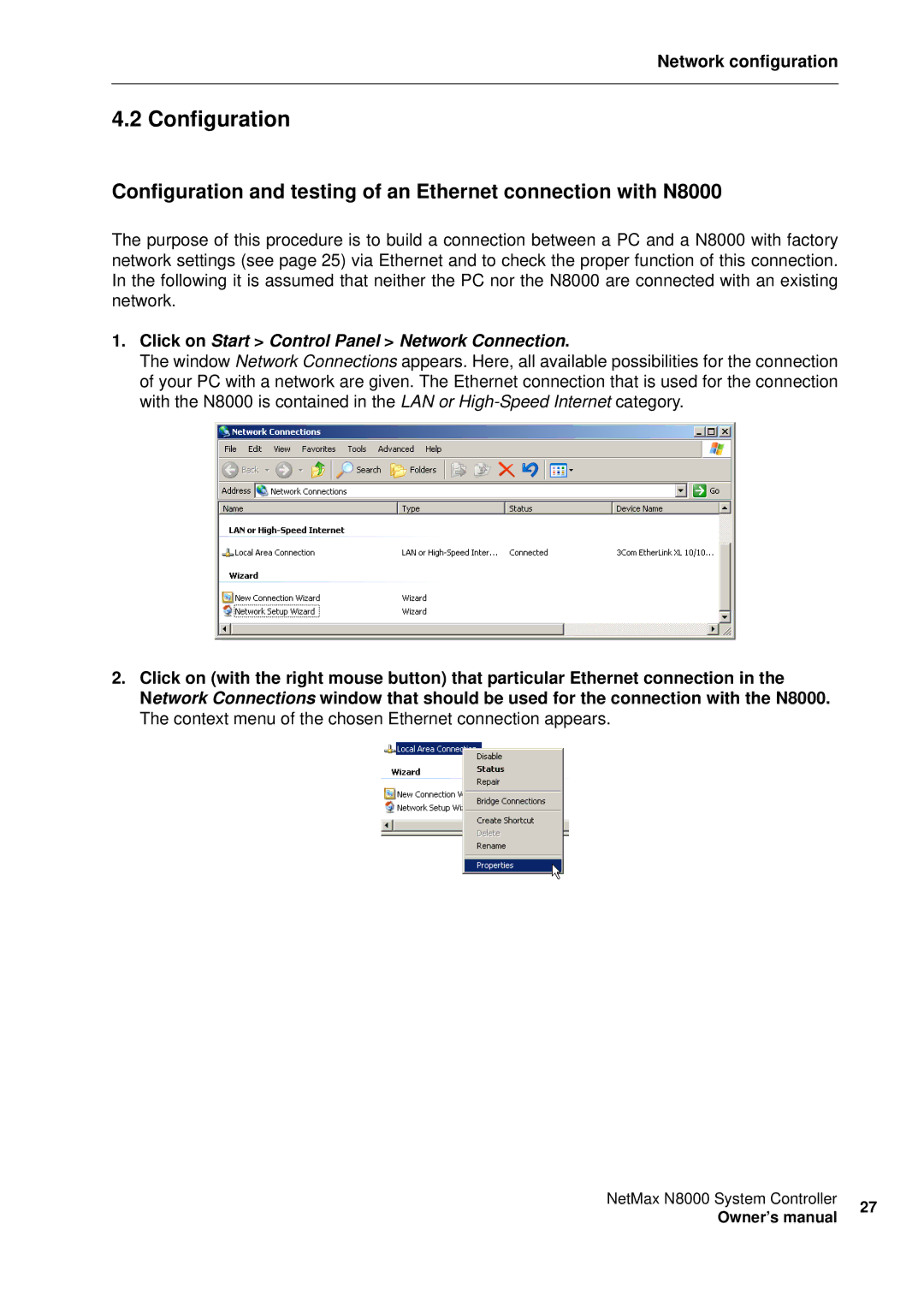 Electro-Voice NetMax N8000 owner manual Configuration, Click on Start Control Panel Network Connection 