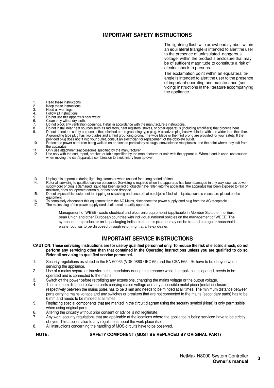 Electro-Voice NetMax N8000 owner manual Important Safety Instructions 