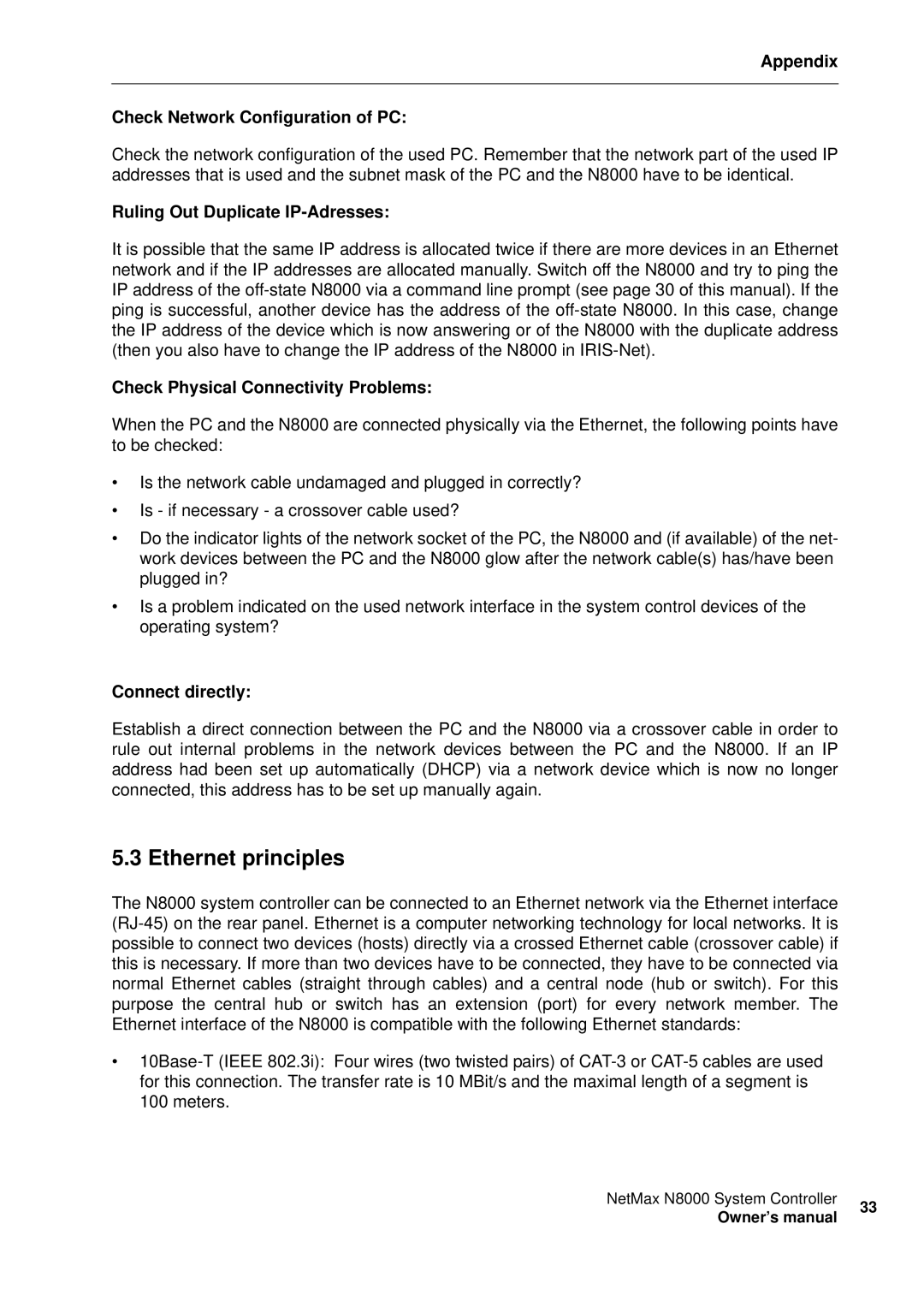 Electro-Voice NetMax N8000 owner manual Ethernet principles, Appendix Check Network Configuration of PC 