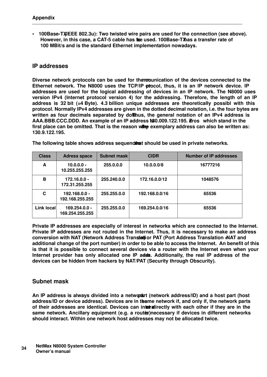 Electro-Voice NetMax N8000 owner manual IP addresses, Subnet mask 