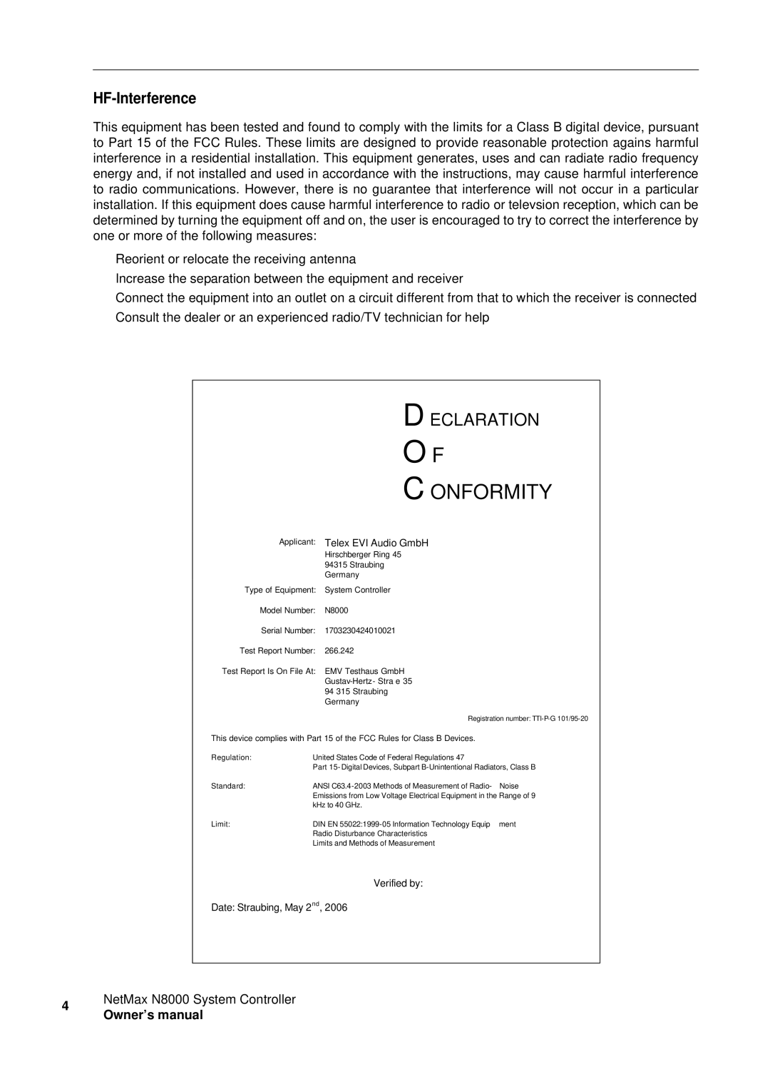 Electro-Voice NetMax N8000 owner manual Onformity 