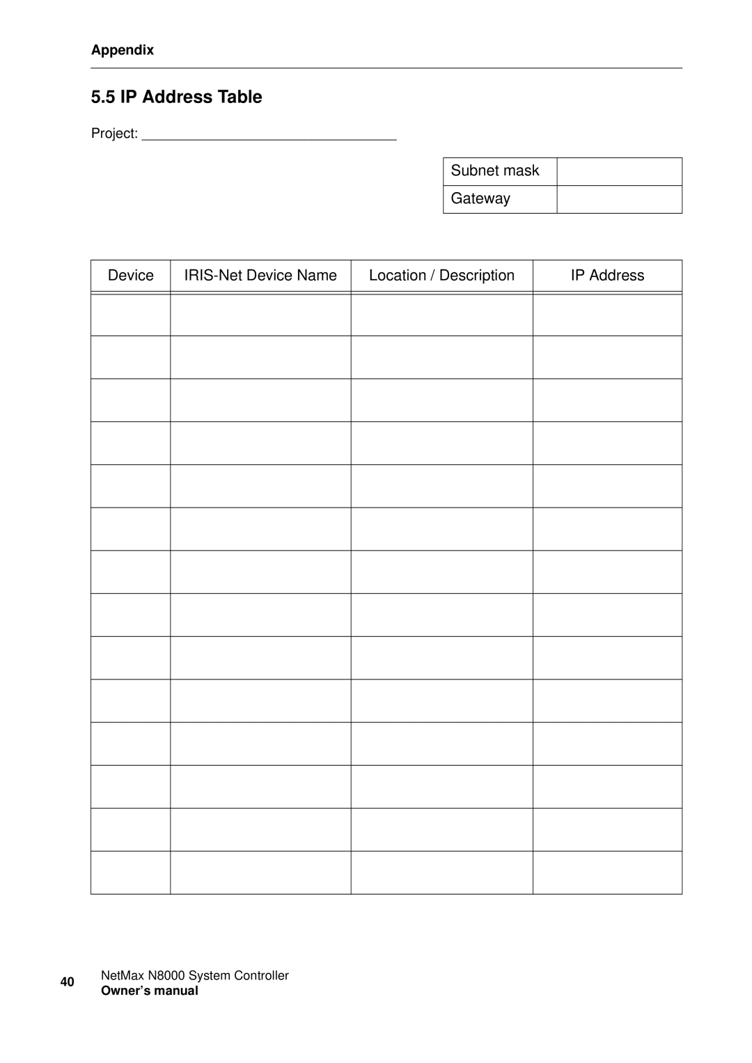 Electro-Voice NetMax N8000 owner manual IP Address Table 