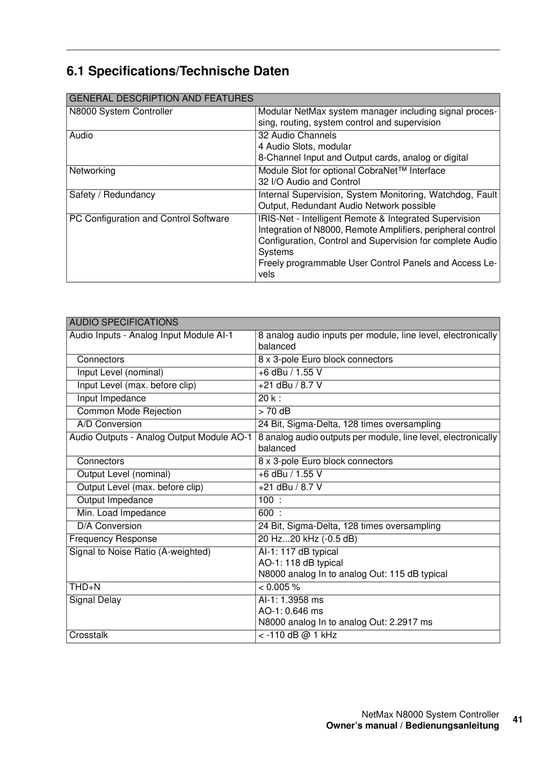 Electro-Voice NetMax N8000 owner manual Specifications/Technische Daten, General Description and Features 