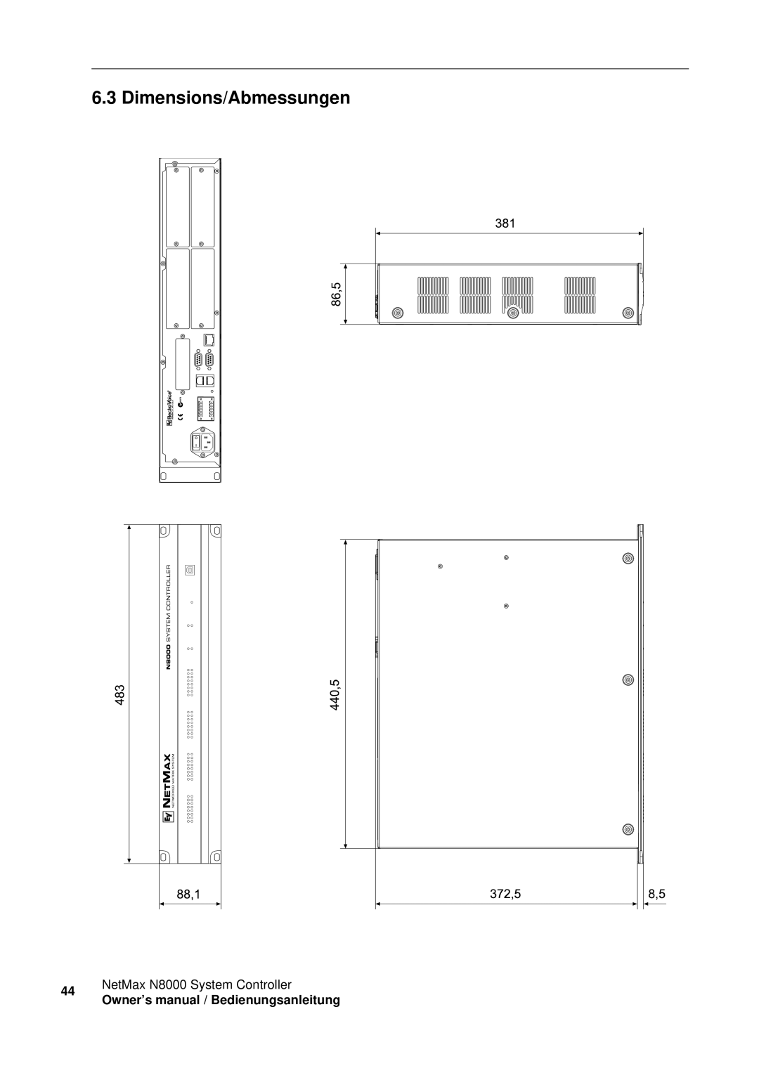 Electro-Voice NetMax N8000 owner manual Dimensions/Abmessungen 