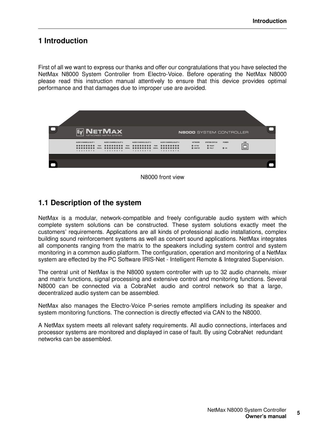 Electro-Voice NetMax N8000 owner manual Introduction, Description of the system 