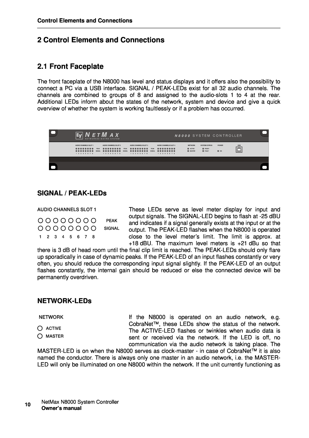 Electro-Voice NetMax N8000 owner manual Control Elements and Connections, Front Faceplate, SIGNAL / PEAK-LEDs, NETWORK-LEDs 