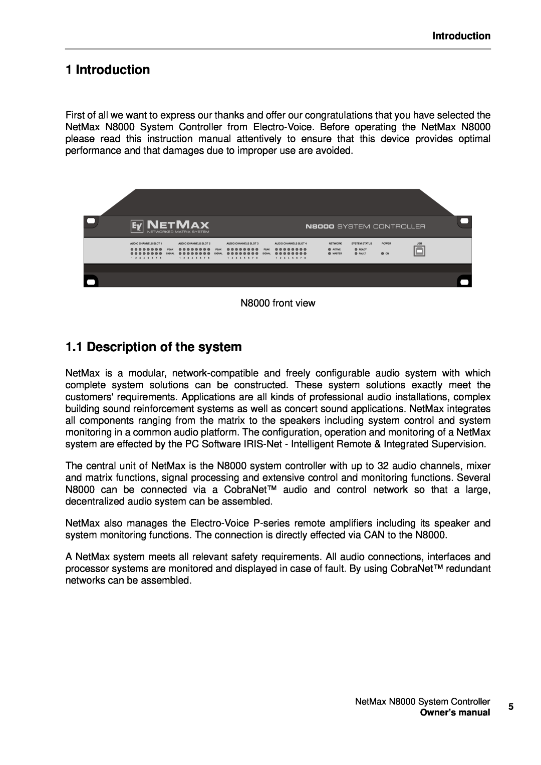 Electro-Voice NetMax N8000 owner manual Introduction, Description of the system 