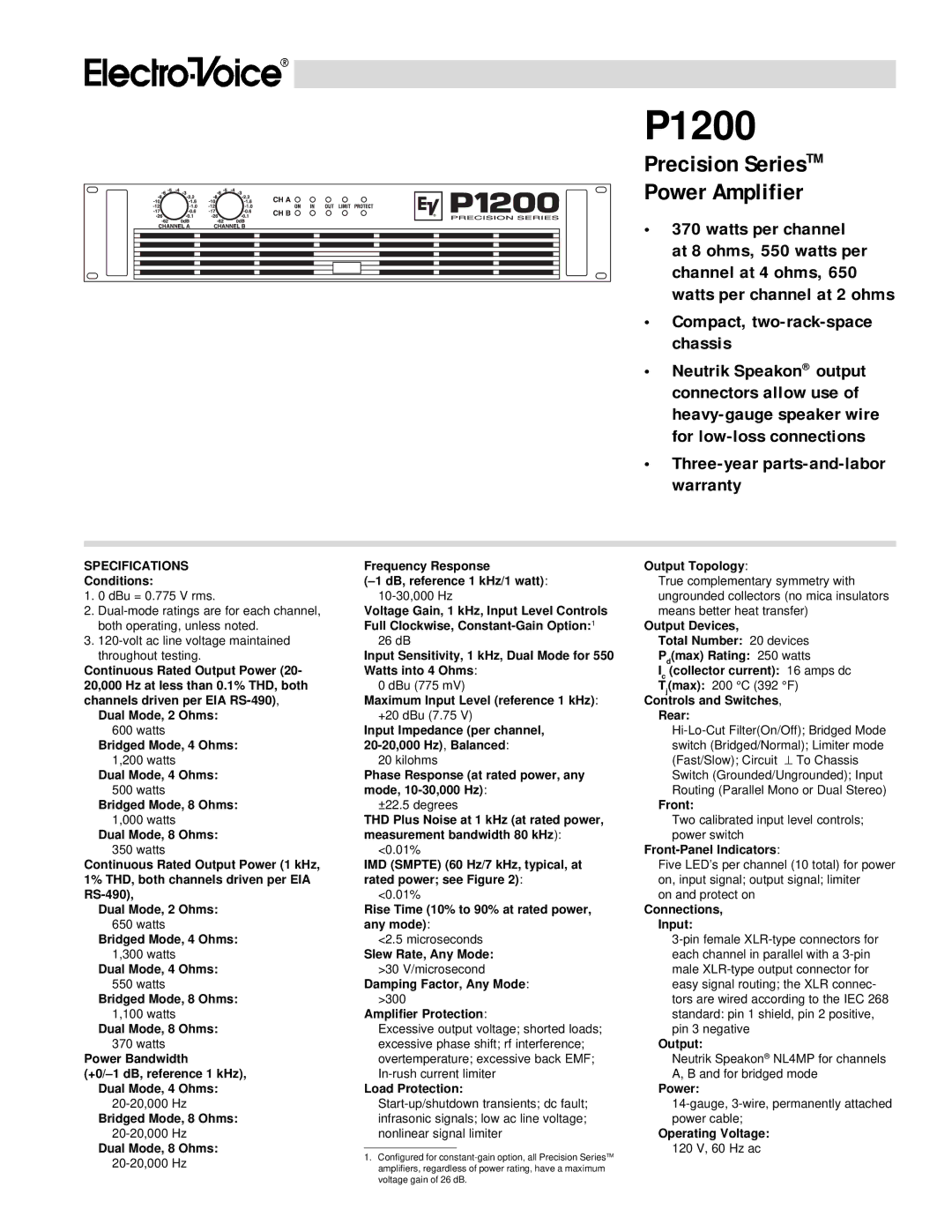 Electro-Voice P1200 warranty Specifications 