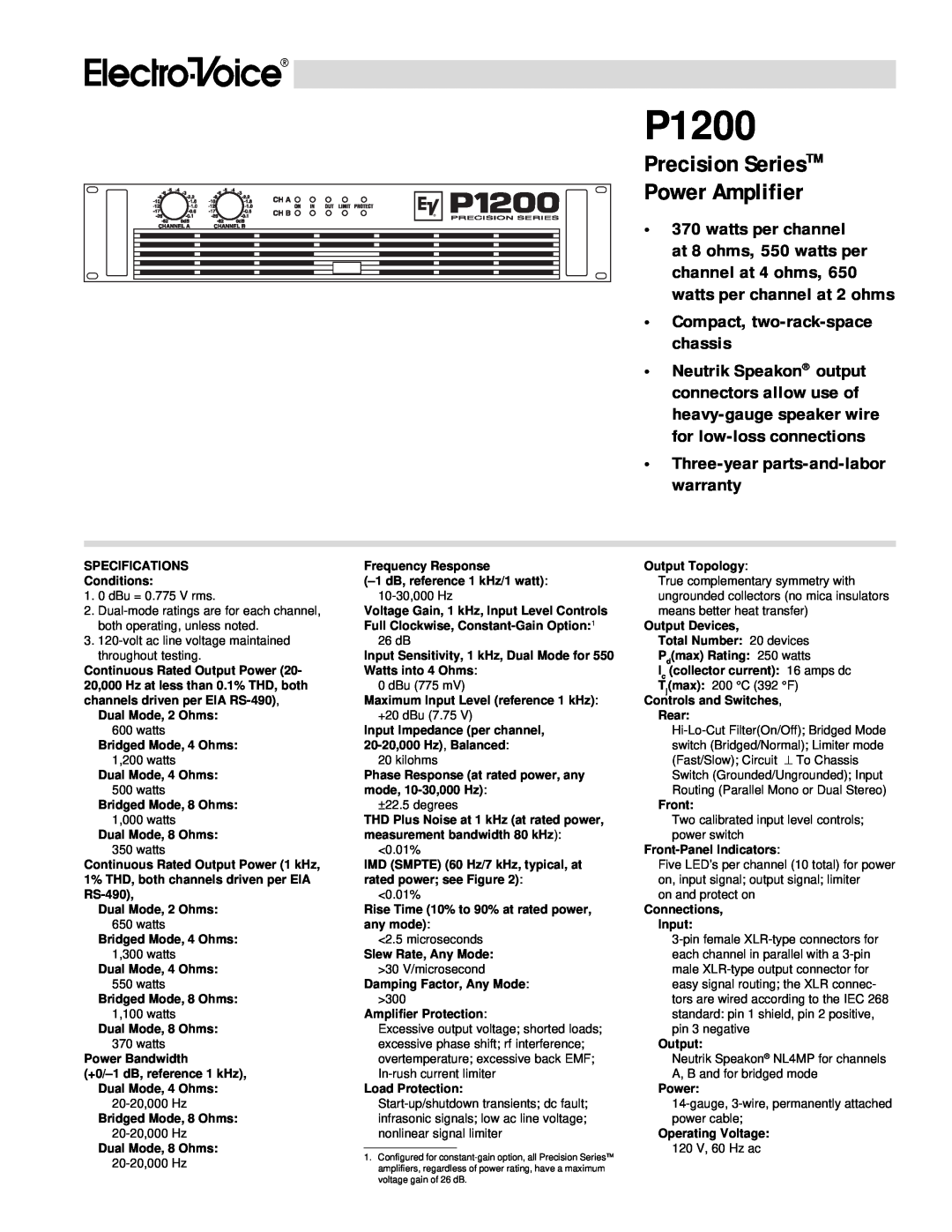 Electro-Voice P1200 warranty Precision SeriesTM Power Amplifier, Three-year parts-and-laborwarranty 