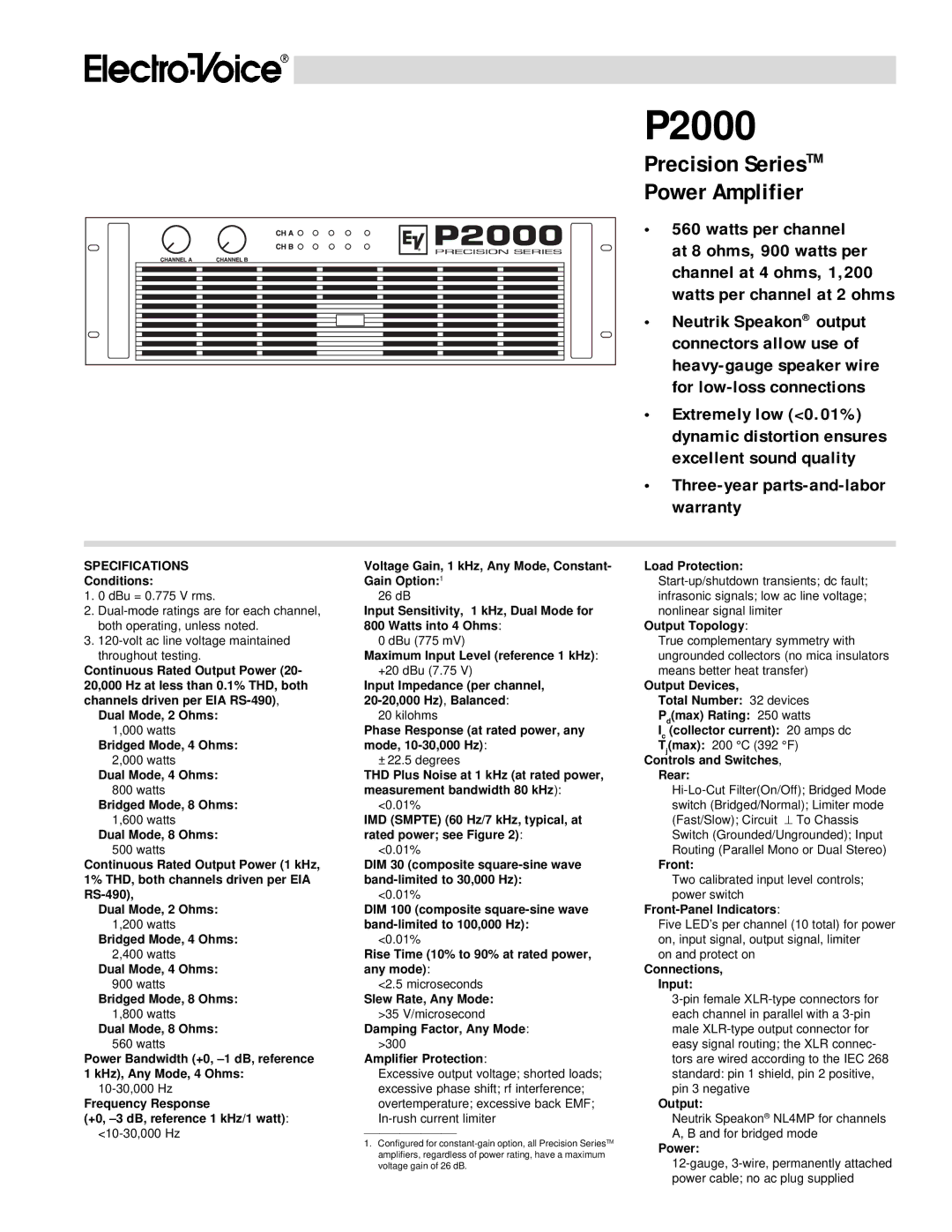 Electro-Voice P2000 warranty Specifications 