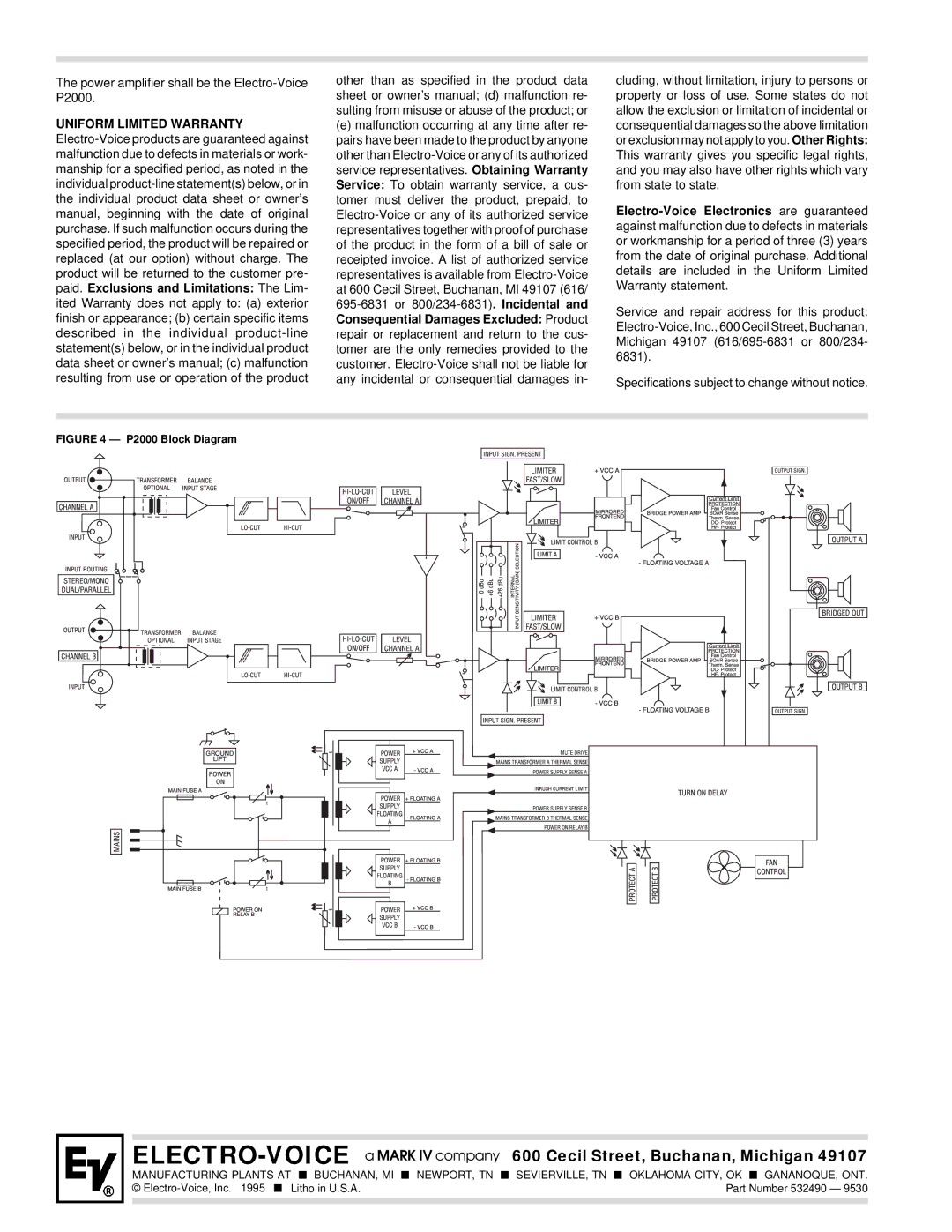 Electro-Voice warranty Power amplifier shall be the Electro-Voice P2000 