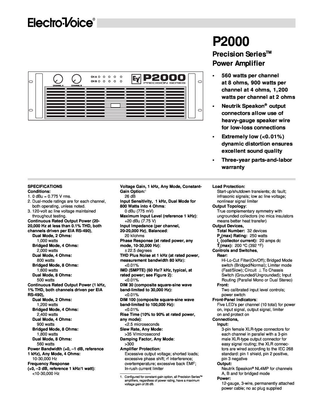 Electro-Voice P2000 warranty Precision SeriesTM, Power Amplifier 