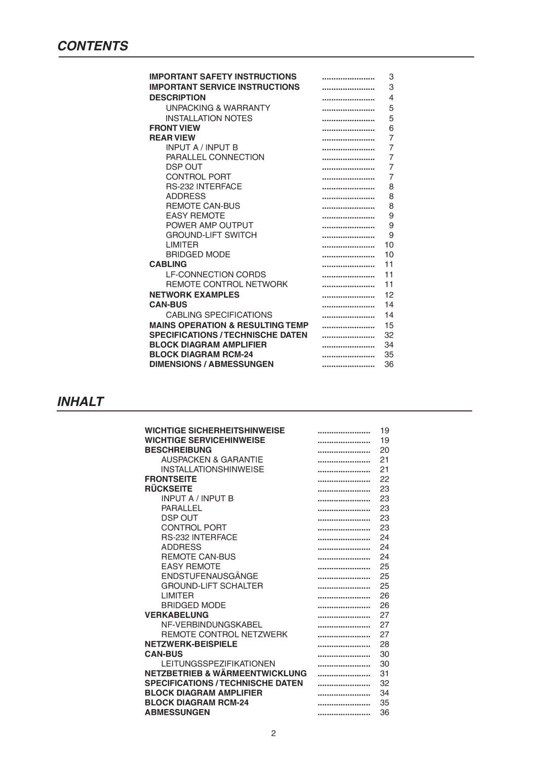 Electro-Voice P3000RL owner manual Contents, Inhalt 