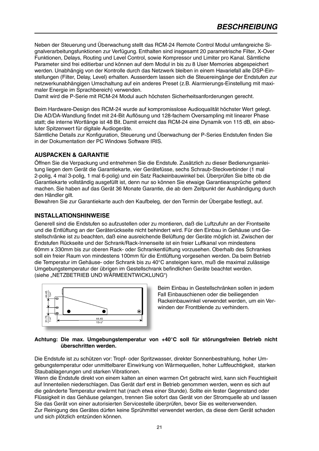 Electro-Voice P3000RL owner manual Auspacken & Garantie, Installationshinweise 