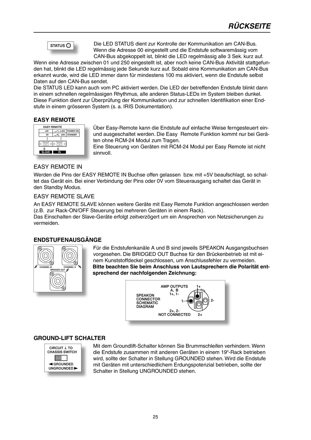 Electro-Voice P3000RL owner manual Endstufenausgänge, GROUND-LIFT Schalter 