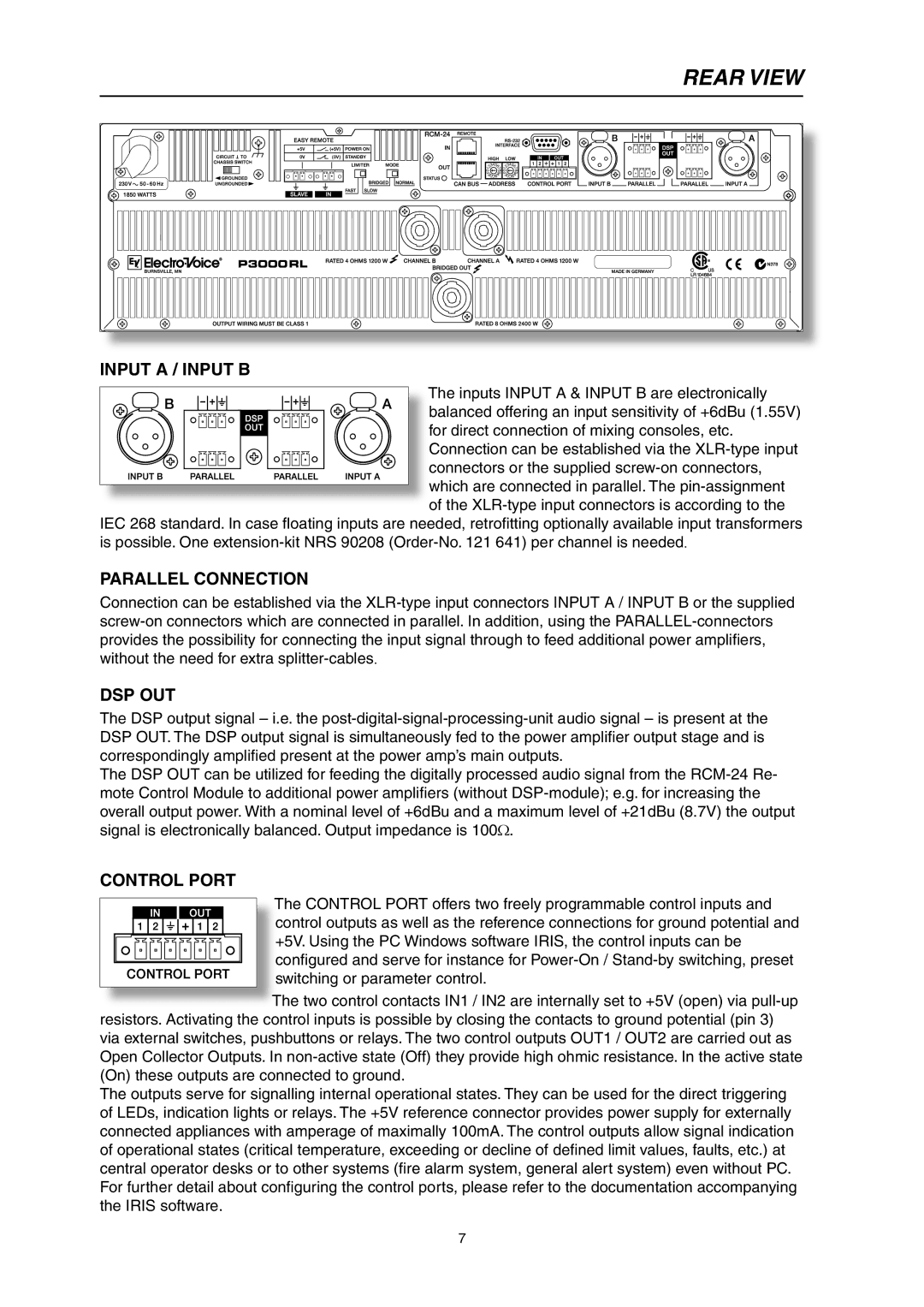 Electro-Voice P3000RL owner manual Rear View, Parallel Connection, Dsp Out, Control Port 