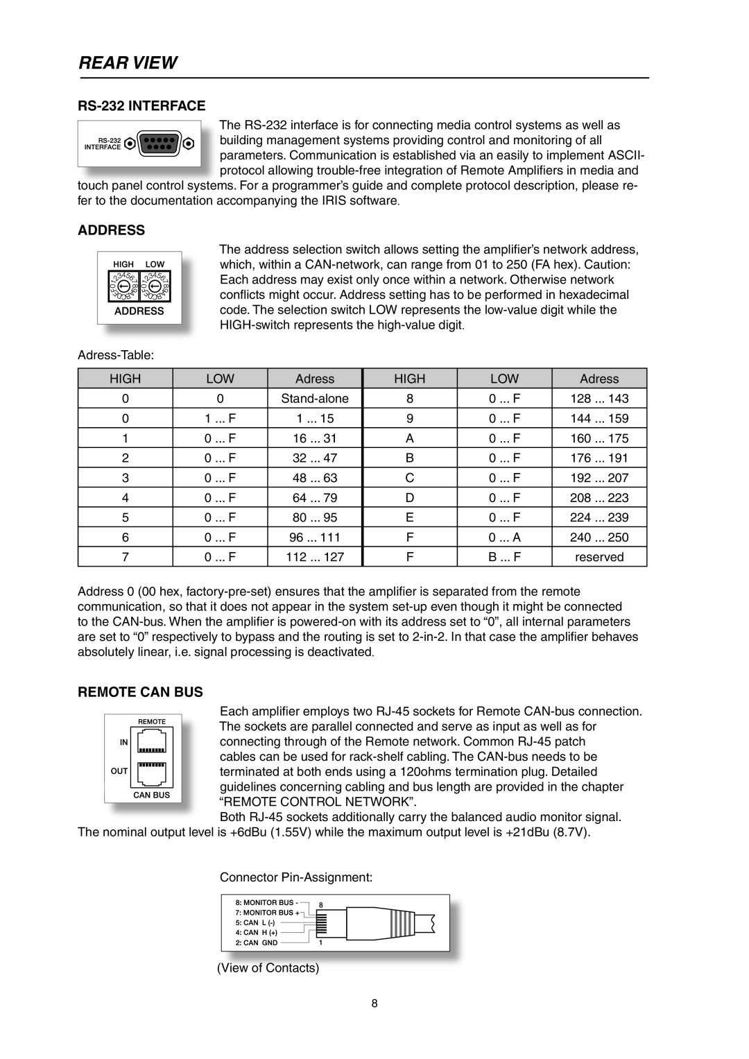 Electro-Voice P3000RL owner manual RS-232 Interface, Address, Remote can BUS 