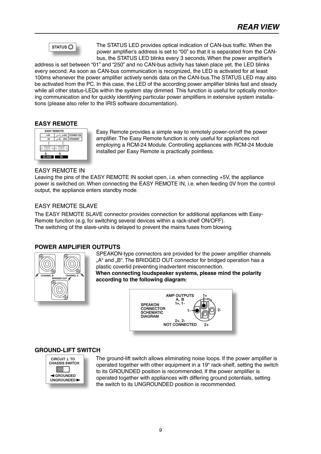 Electro-Voice P3000RL owner manual Easy Remote, Power Amplifier Outputs, GROUND-LIFT Switch 