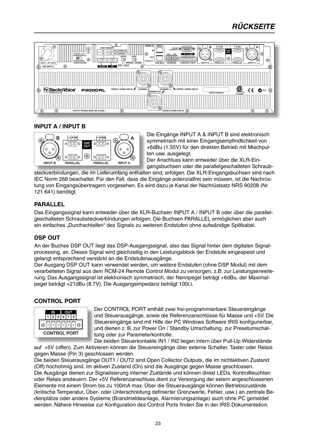 Electro-Voice P3000RL owner manual Rückseite, Input A / Input B, Parallel, Dsp Out, Control Port 