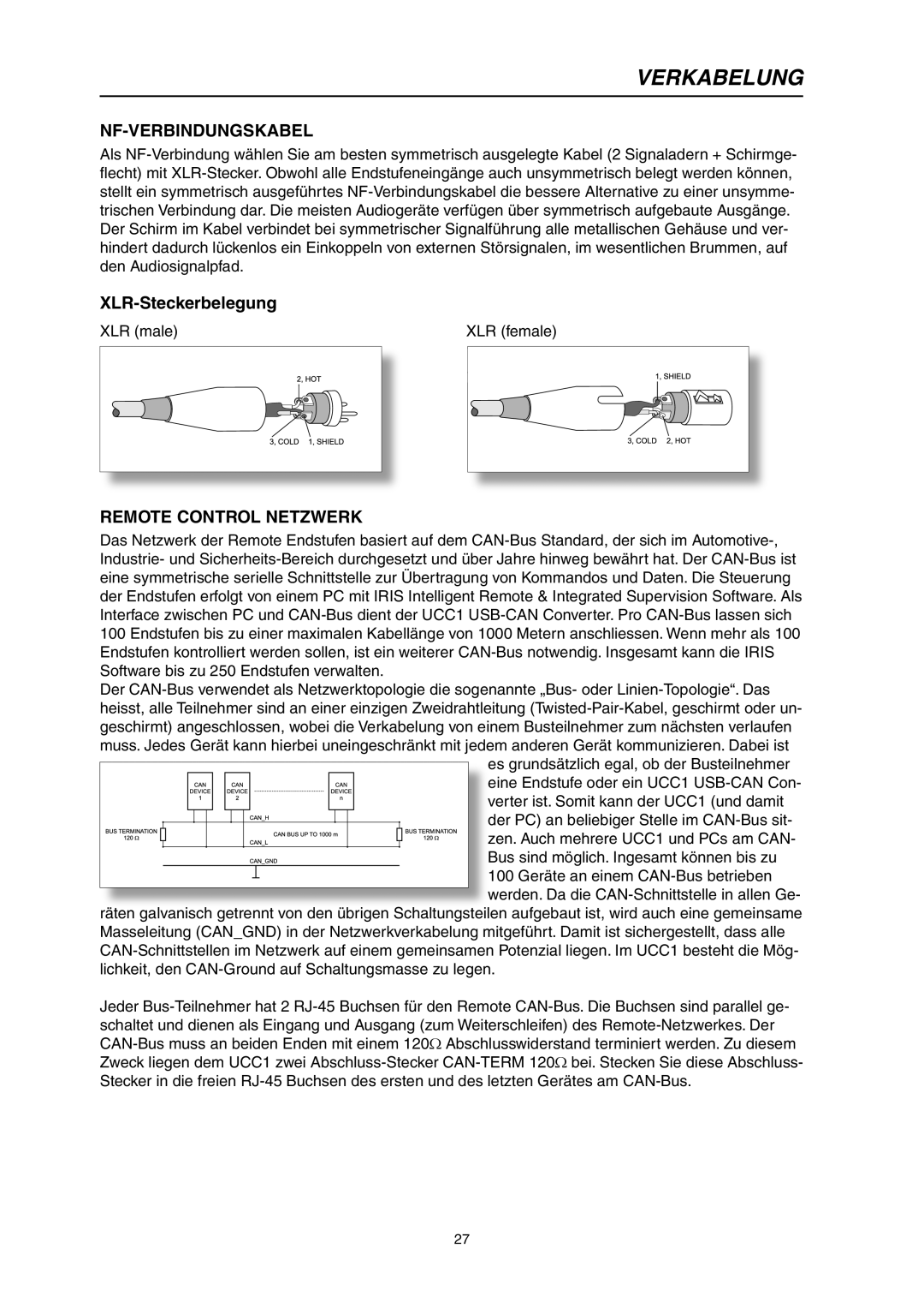Electro-Voice P3000RL owner manual Verkabelung, Nf-Verbindungskabel, XLR-Steckerbelegung, Remote Control Netzwerk 