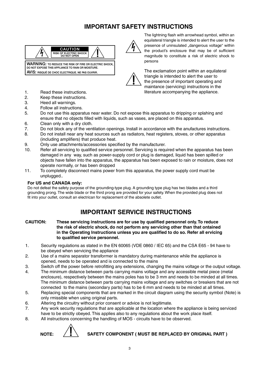 Electro-Voice P3000RL owner manual Important Service Instructions, For US and CANADA only 