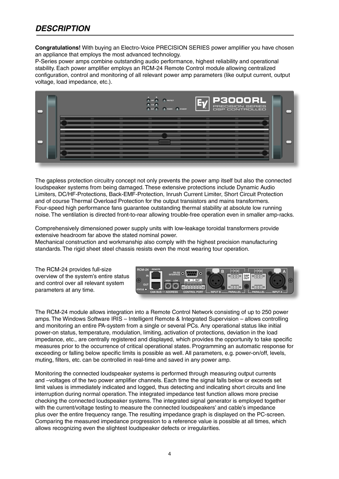Electro-Voice P3000RL owner manual Description 