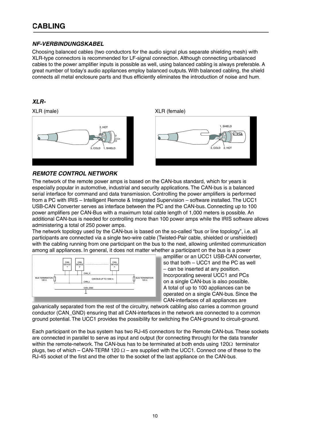 Electro-Voice P900RL, P1200RL owner manual Cabling, Nf-Verbindungskabel, Remote Control Network 