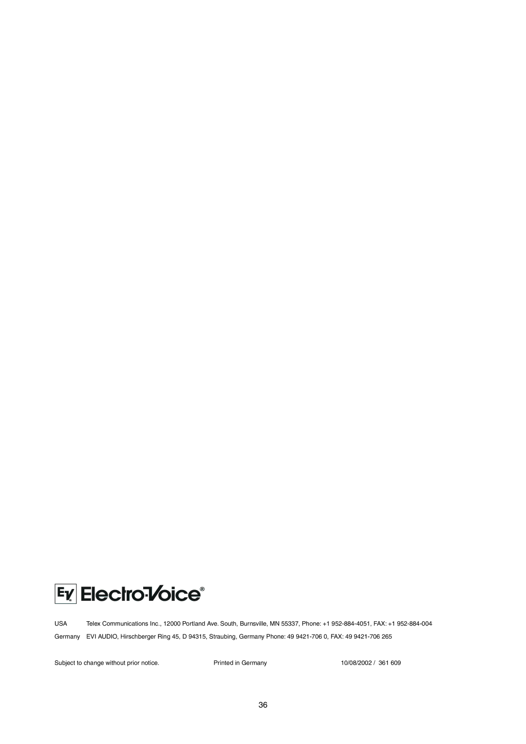 Electro-Voice P900RL, P1200RL owner manual Usa 