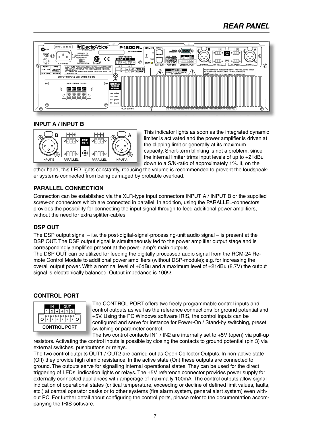 Electro-Voice P1200RL, P900RL owner manual Rear Panel, Input a / Input B, Parallel Connection, Dsp Out, Control Port 