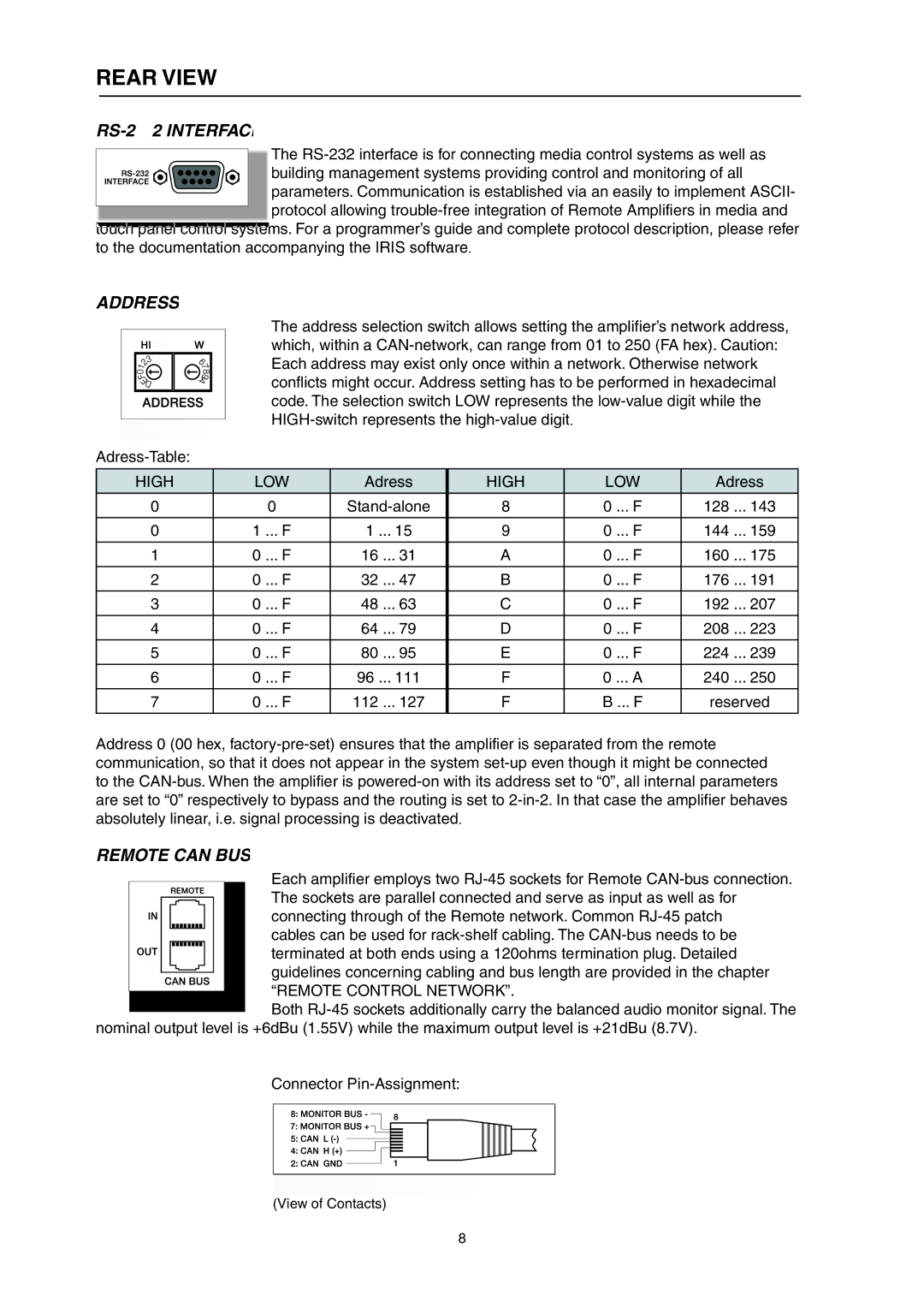 Electro-Voice P900RL, P1200RL owner manual Rear View, RS-232 Interface, Address, Remote can BUS 