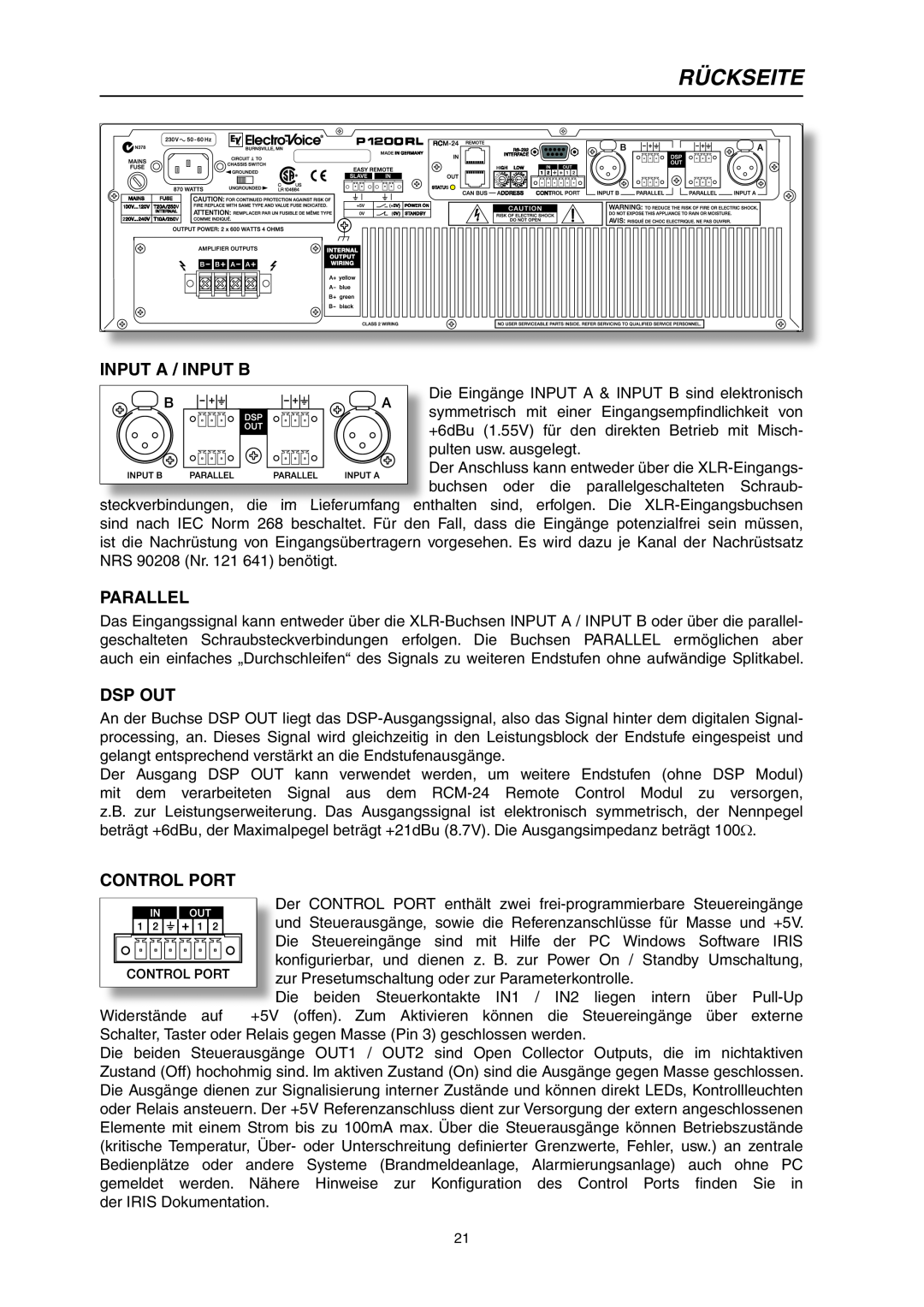 Electro-Voice P1200RL, P900RL owner manual Rückseite, Parallel, Input A / Input B, Dsp Out, Control Port 