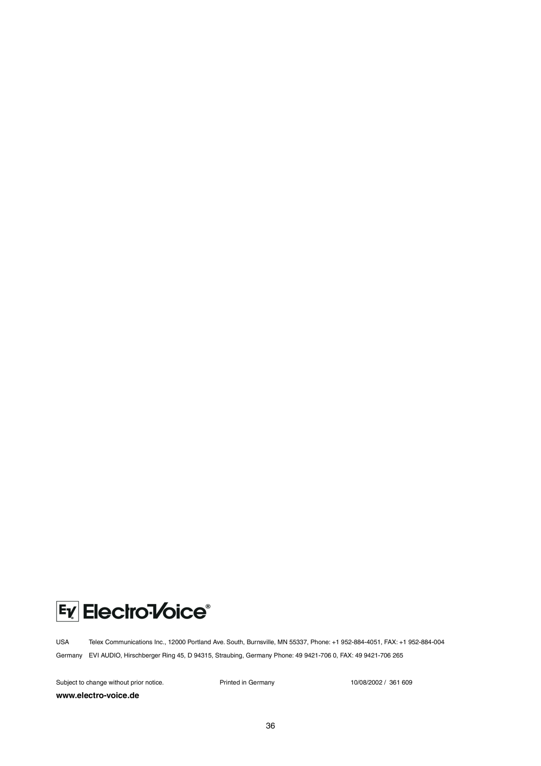 Electro-Voice P900RL, P1200RL owner manual Germany, Subject to change without prior notice, 10/08/2002 
