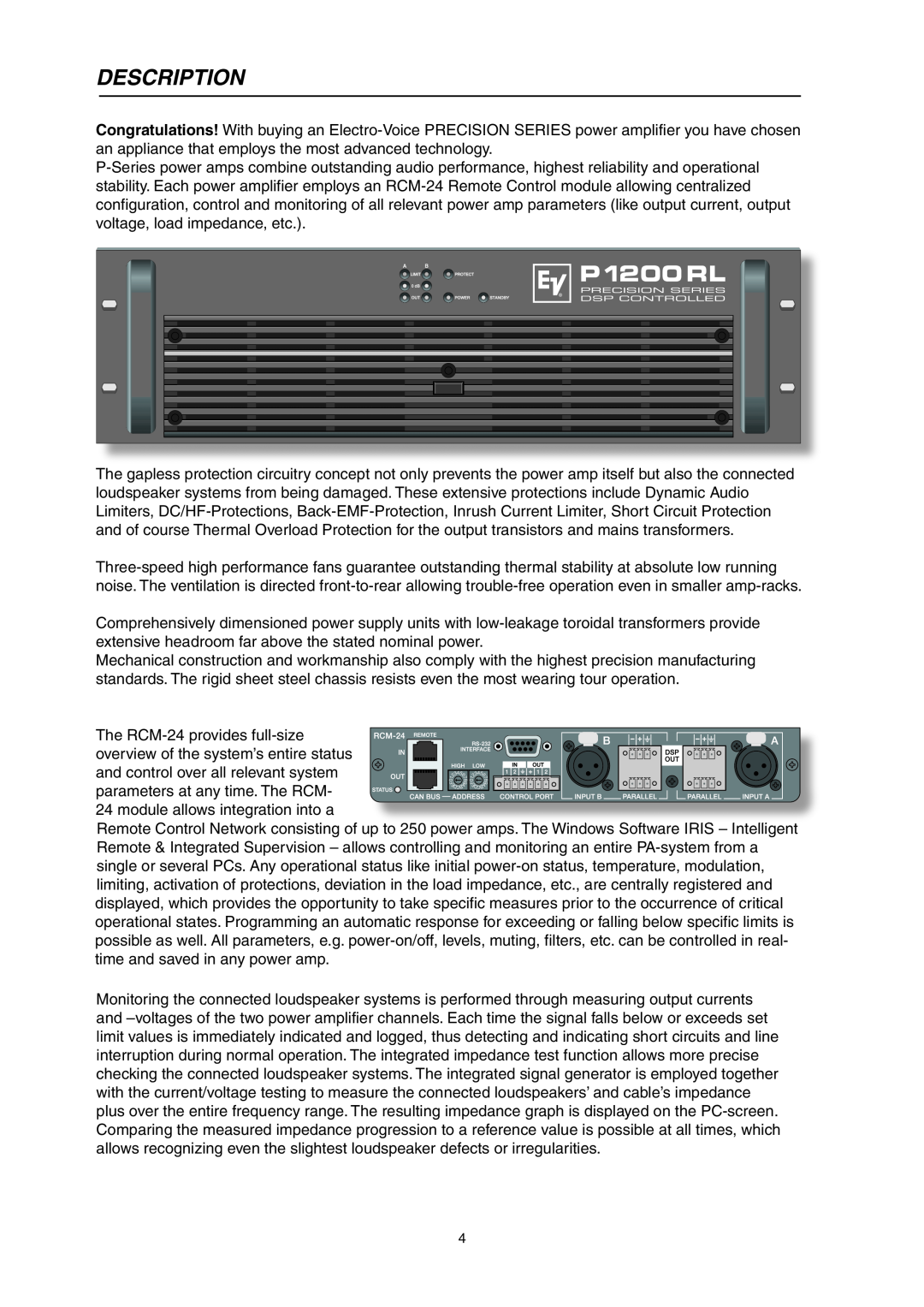 Electro-Voice P900RL, P1200RL owner manual Description 