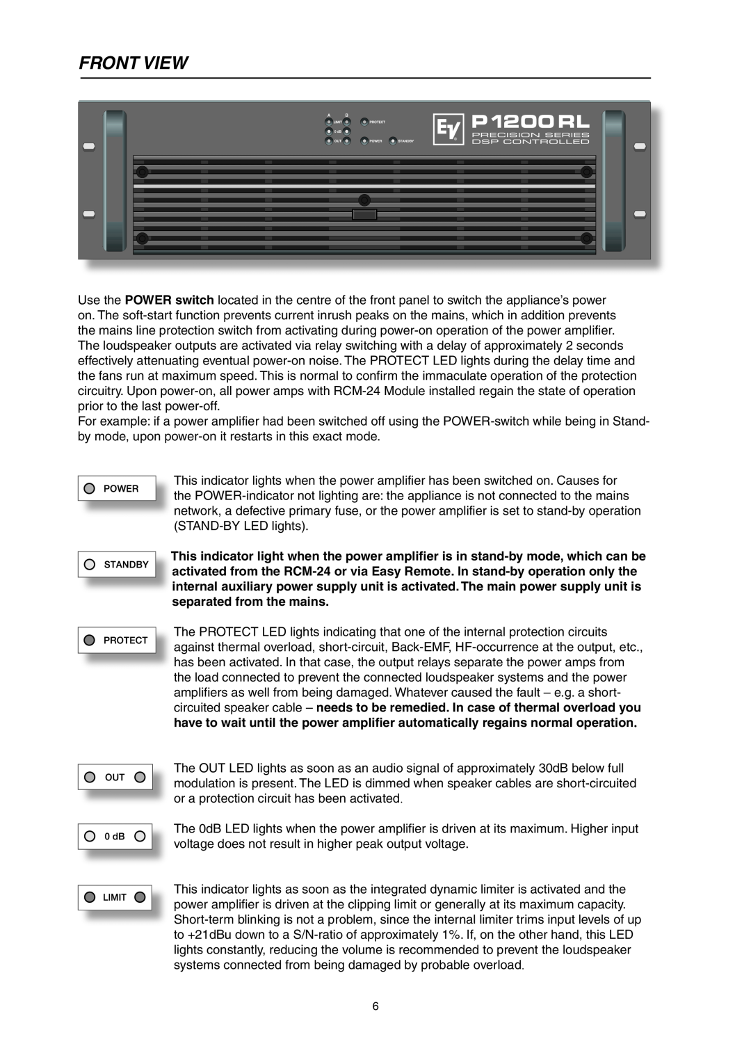 Electro-Voice P900RL, P1200RL owner manual Front View 
