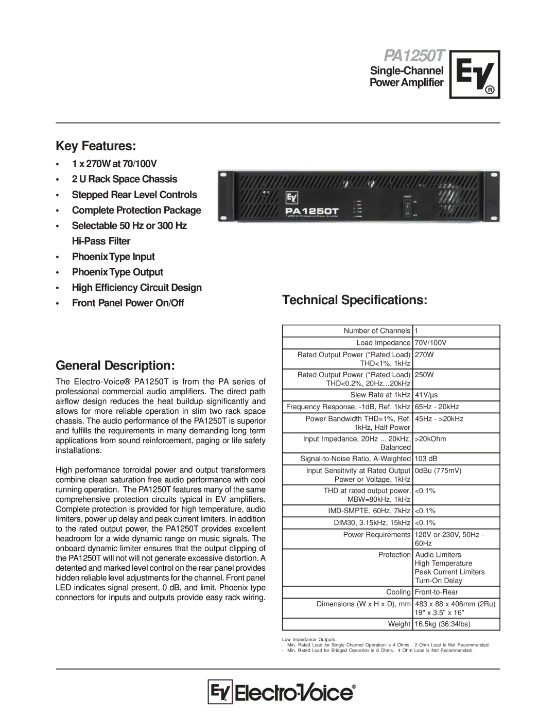 Electro-Voice PA1250T technical specifications Key Features, General Description, Technical Specifications 